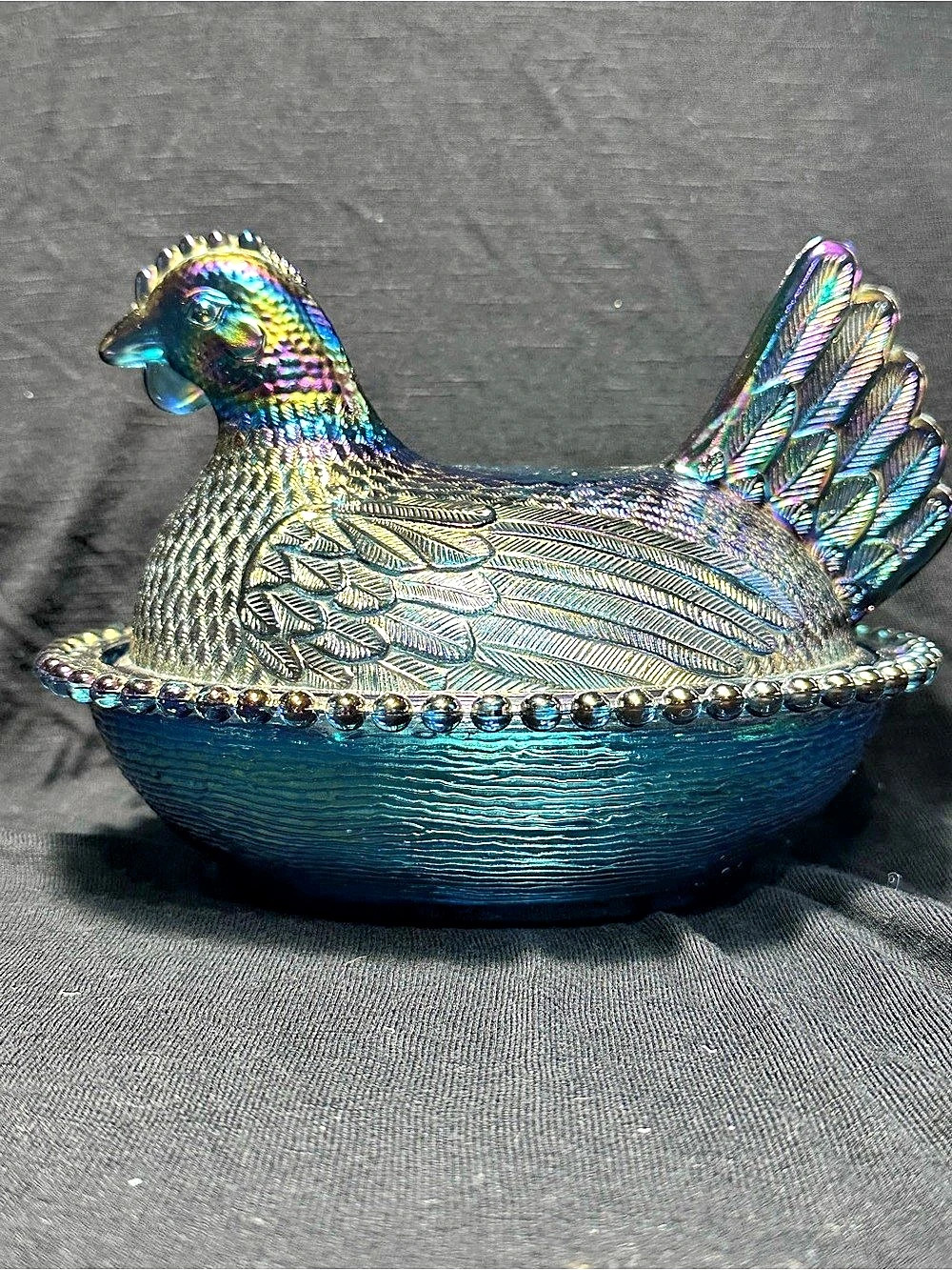 Indiana Glass Company Iridescent Blue Carnival Glass Hen on Nest Covered Candy